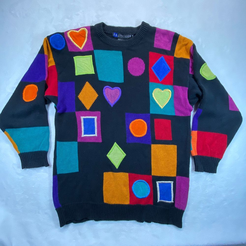 IB‎ Diffusion Vintage 90s Geometric Color Block Hearts Sweater Abstract Art flaw